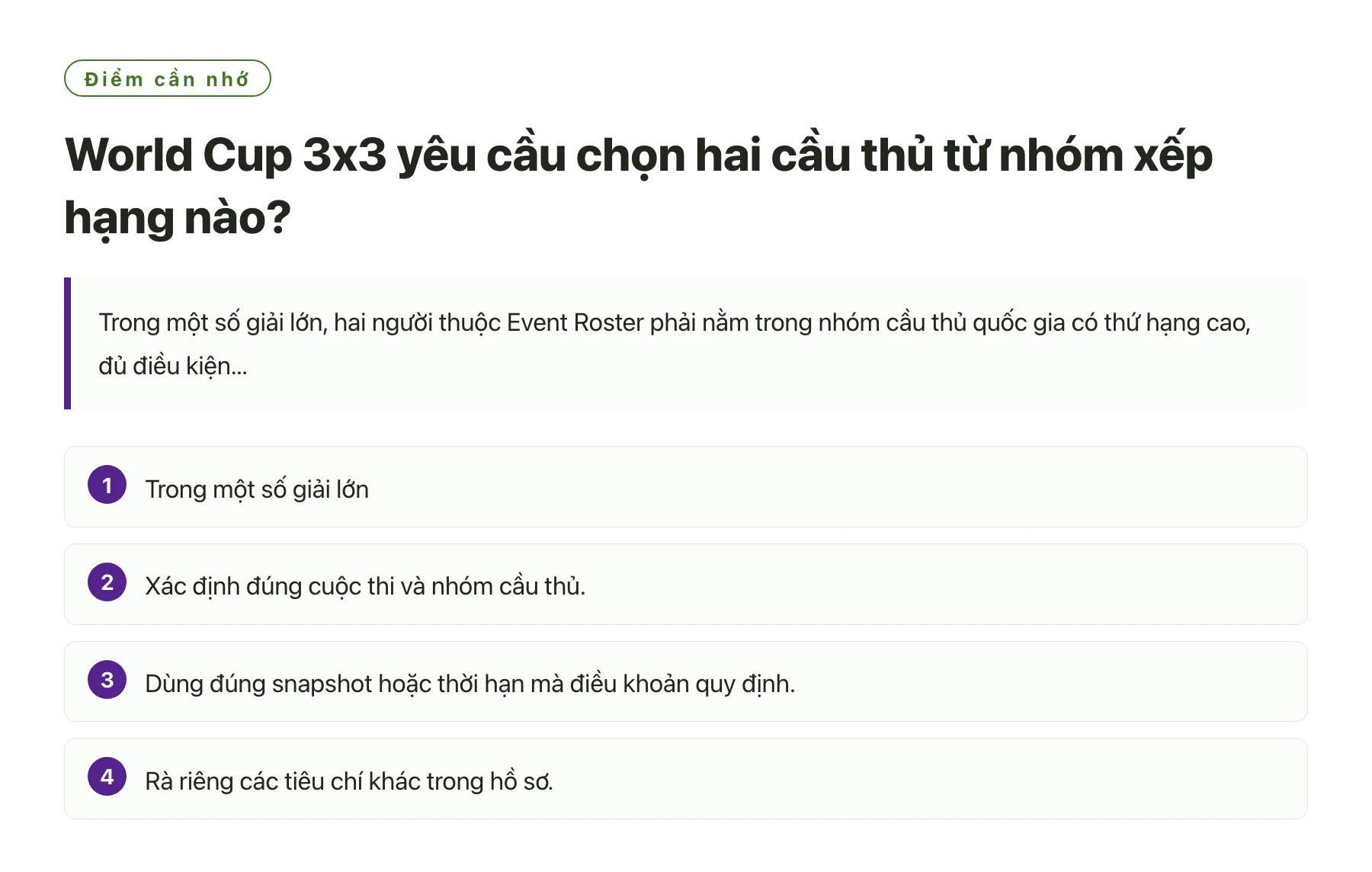 World Cup 3x3 yêu cầu chọn hai cầu thủ từ nhóm xếp hạng nào?——全文要点速览